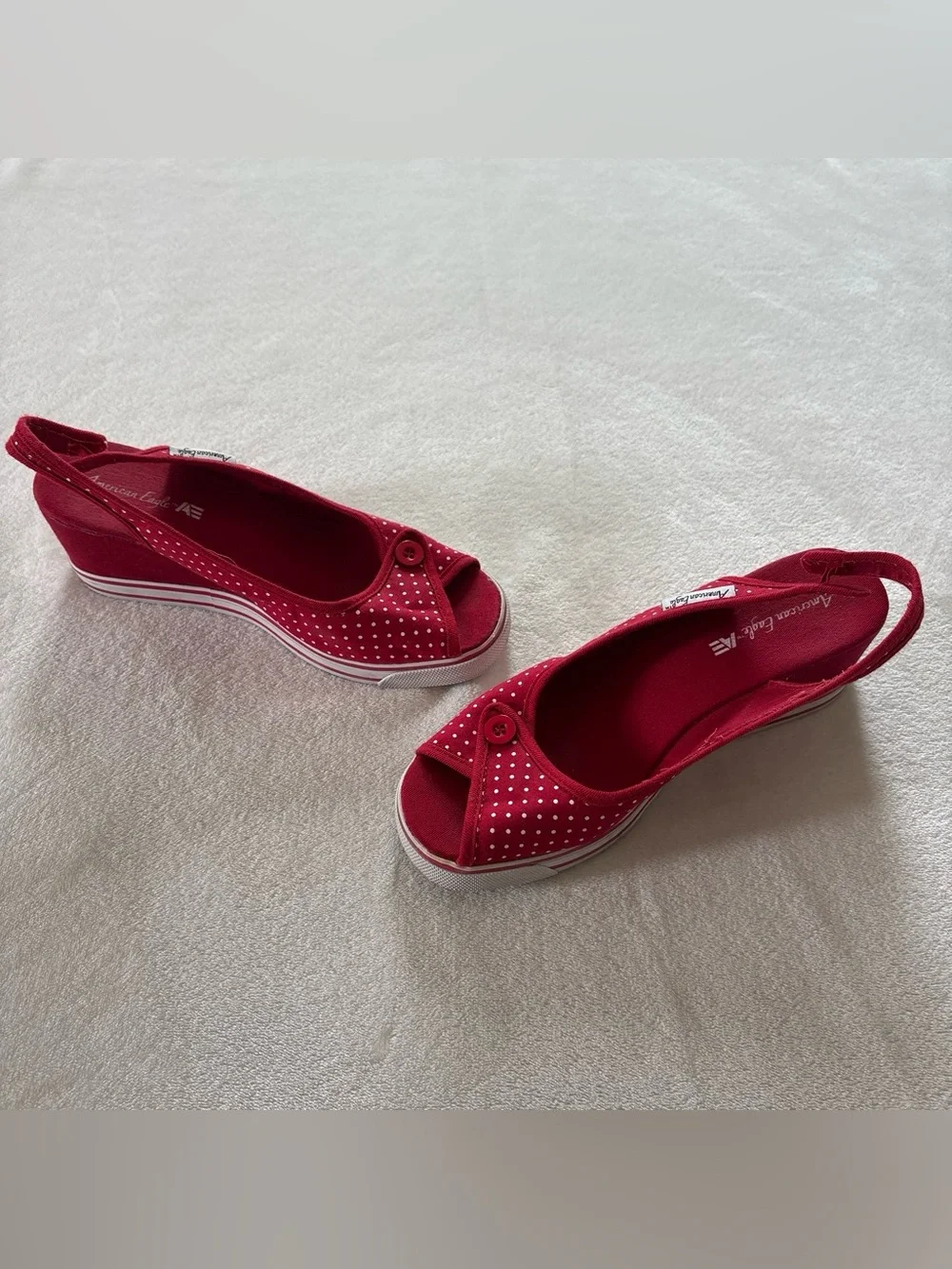 Y2K American Eagle Red White Polka Dot Slingback Wedges Size 8.5